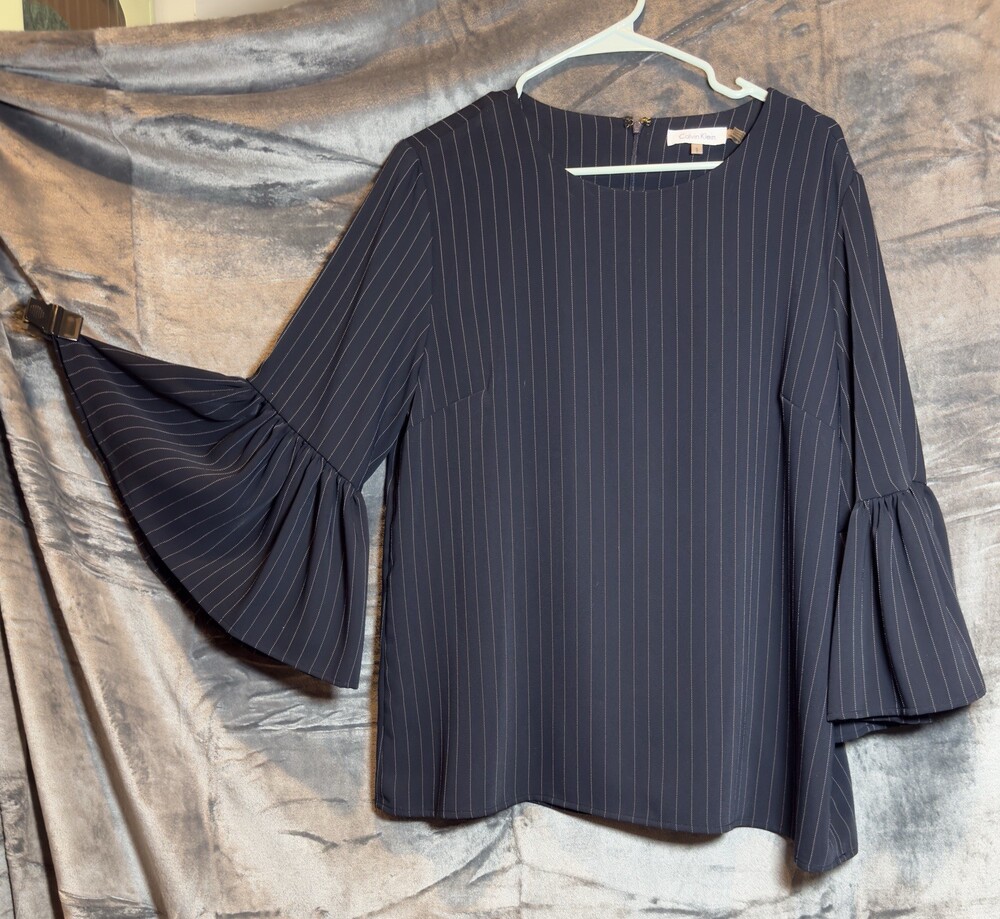 Calvin Klein Navy Pinstripe Blouse 3/4 Bell Sleeve Work Business Datenight L